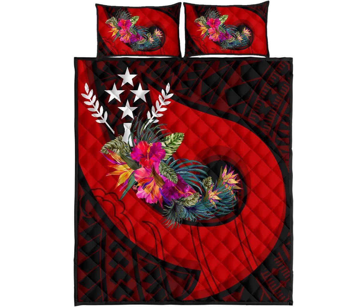 Kosrae Quilt Bed Set - Polynesian Hook And Hibiscus (Red)