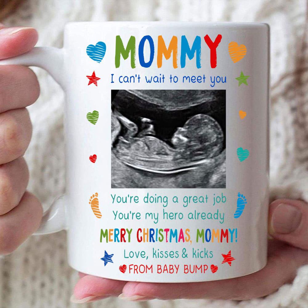 I Can't Wait To Meet You Merry Christmas Mommy Mug - Personalized Sonogram Photo Mug