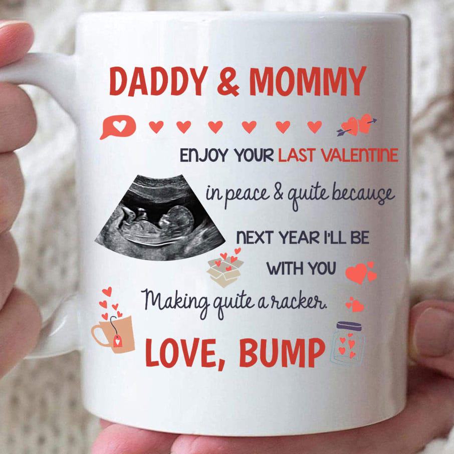Dad & Mom Next Year I'll Be With You Making Quite A Racker Mug - Personalized Sonogram Photo Mug