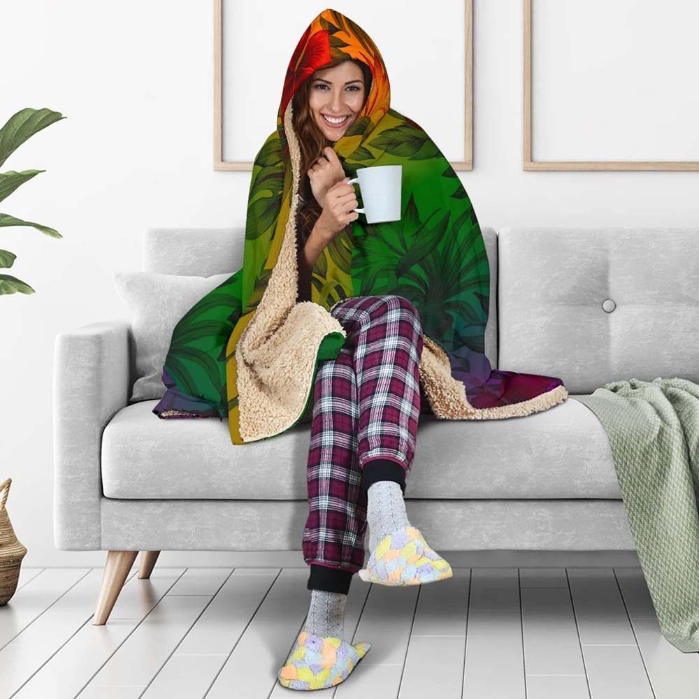 Polynesian Hooded Blanket - Green Hibiscus Patterns