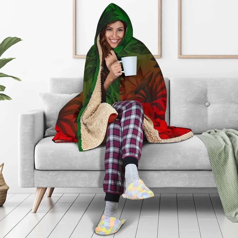 Polynesian Hooded Blanket - Red Hibiscus Patterns