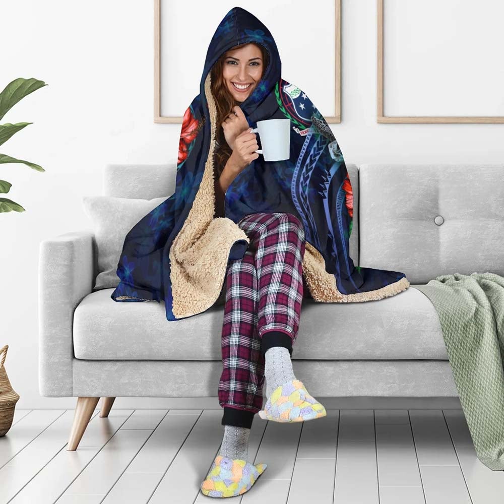 Samoa Polynesian Hooded Blanket - Blue Turtle Hibiscus