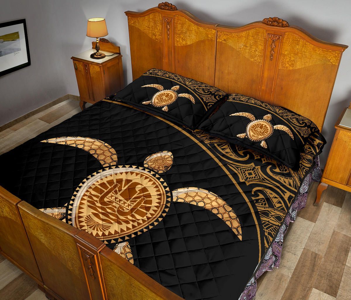 Tahiti Polynesian Quilt Bed Set - Tahiti Flag Turtle Gold Curve Style