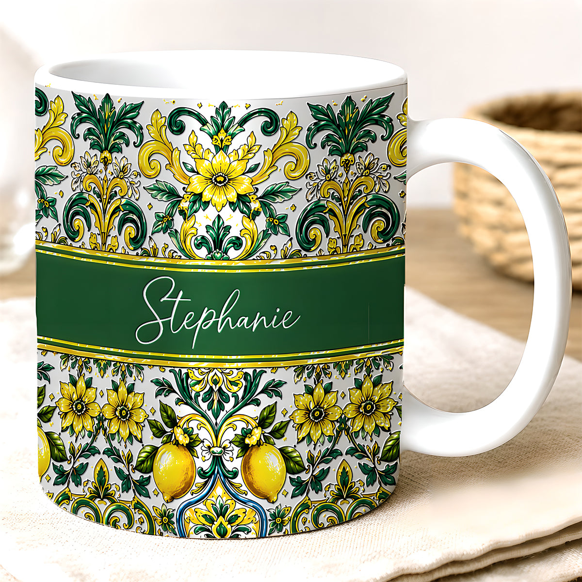 Mediterranean Style & Majolica Print Sun-Kissed Limoncello - Personalized 3D Accent Mug