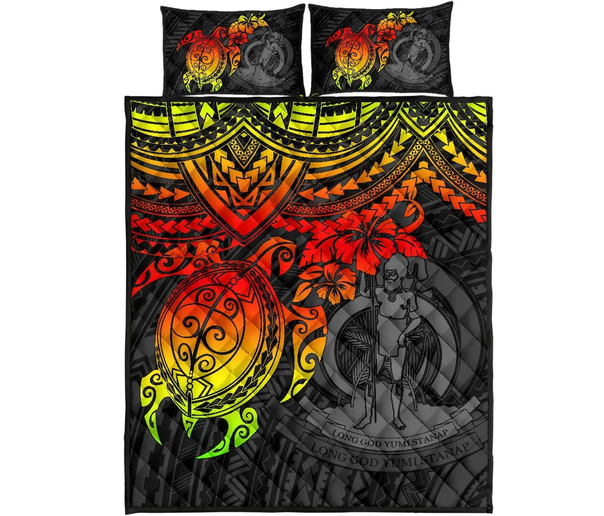 Vanuatu Polynesian Quilt Bed Set - Vanuatu Coat Of Arms & Reggae Turtle Hibiscus