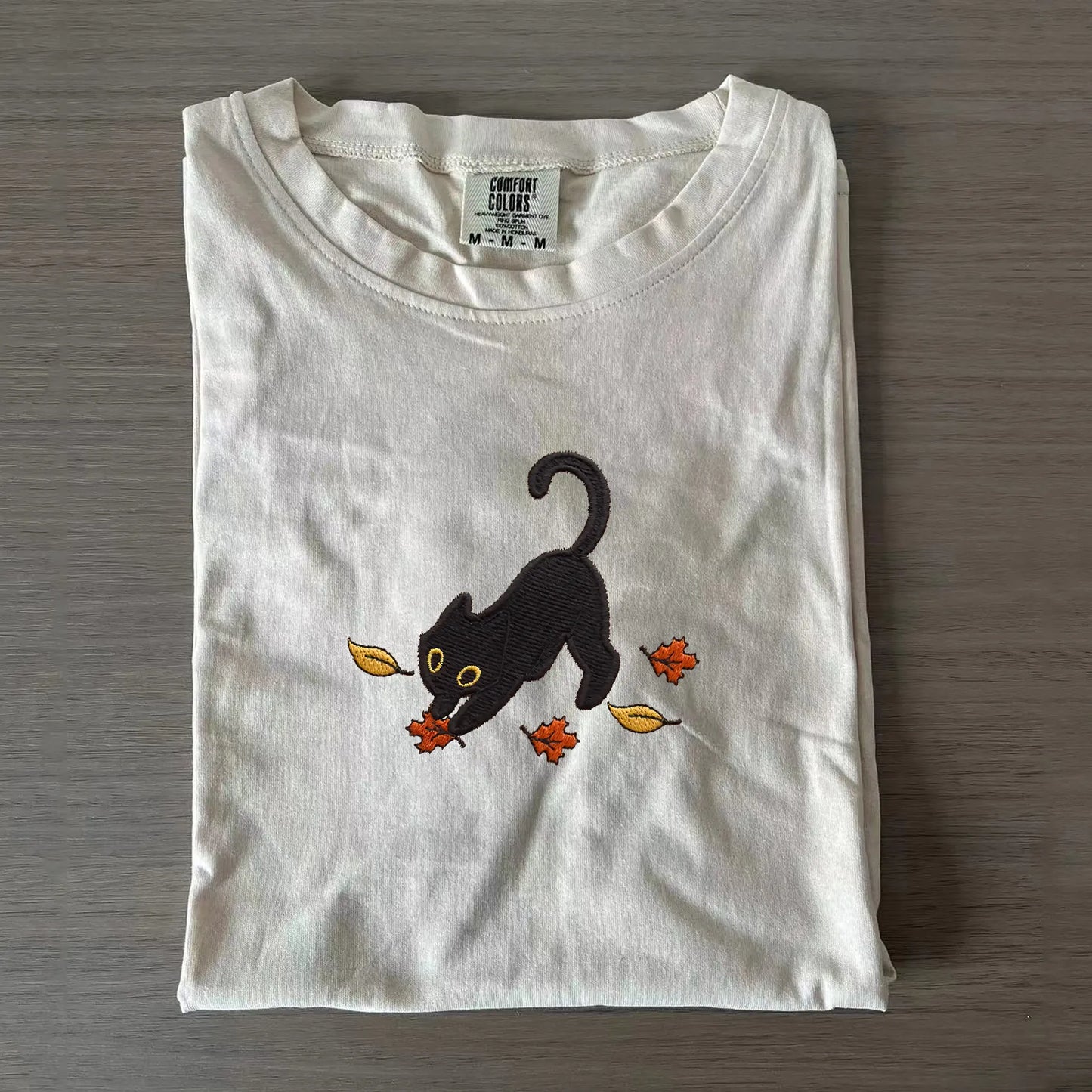 Cat Pouncing Leaves Embroidered - Shirt