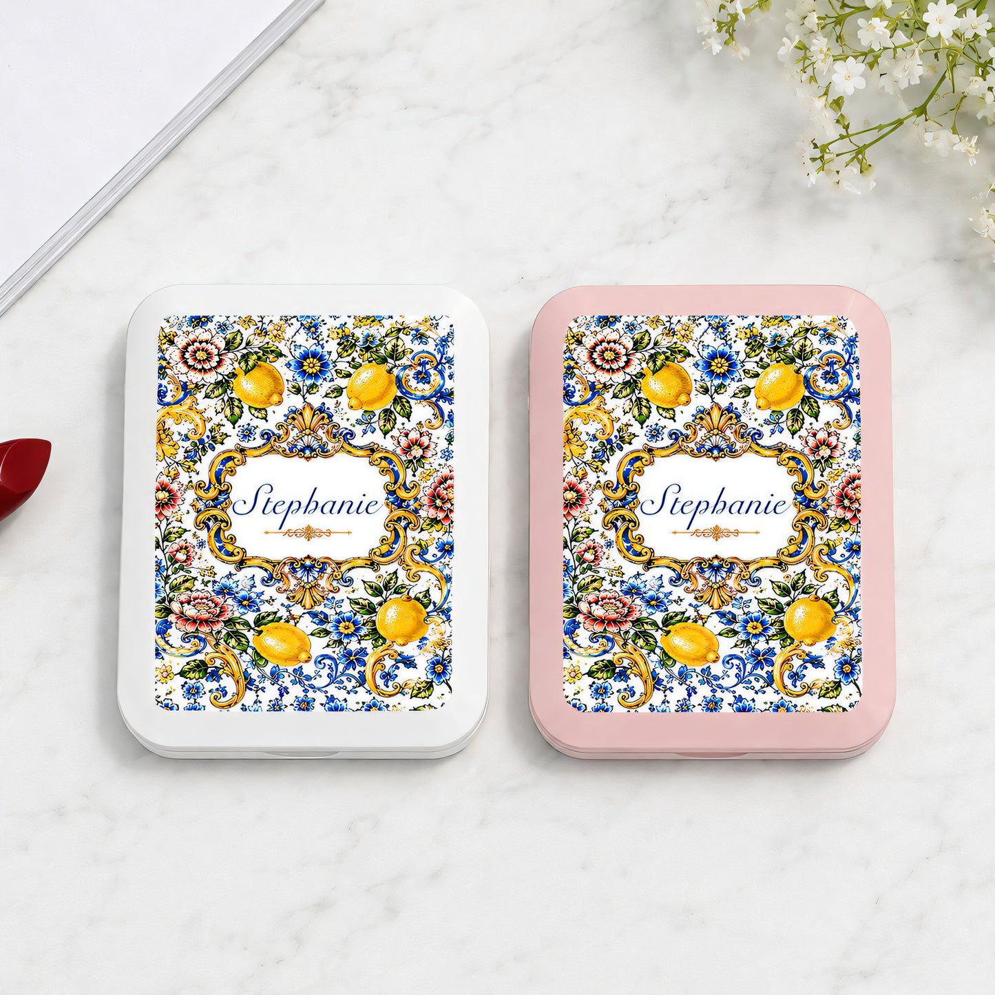 Mediterranean Style & Majolica Print Blue Lemon - Personalized LED Pocket Mirror