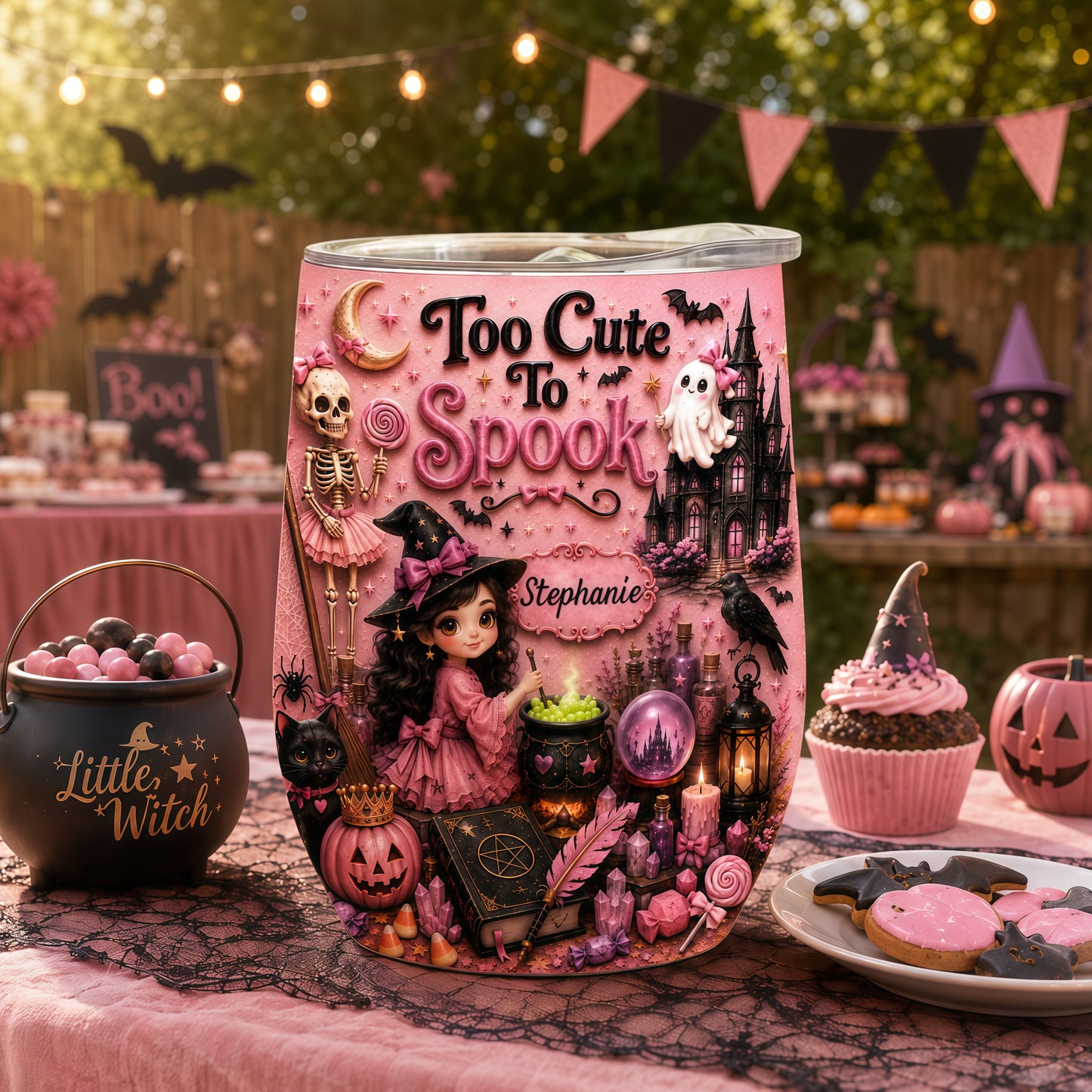 Too Cute To Spook - Personalized Pink Halloween Wine Tumbler - Gift For Halloween