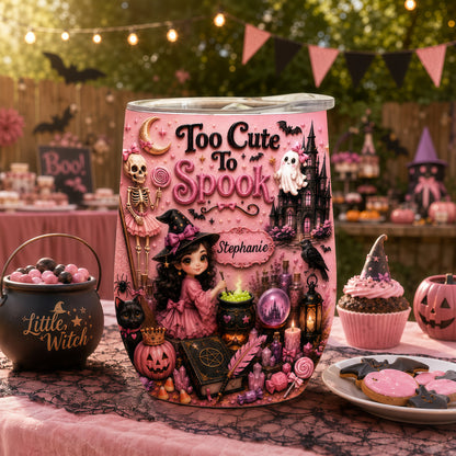 Too Cute To Spook - Personalized Pink Halloween Wine Tumbler - Gift For Halloween