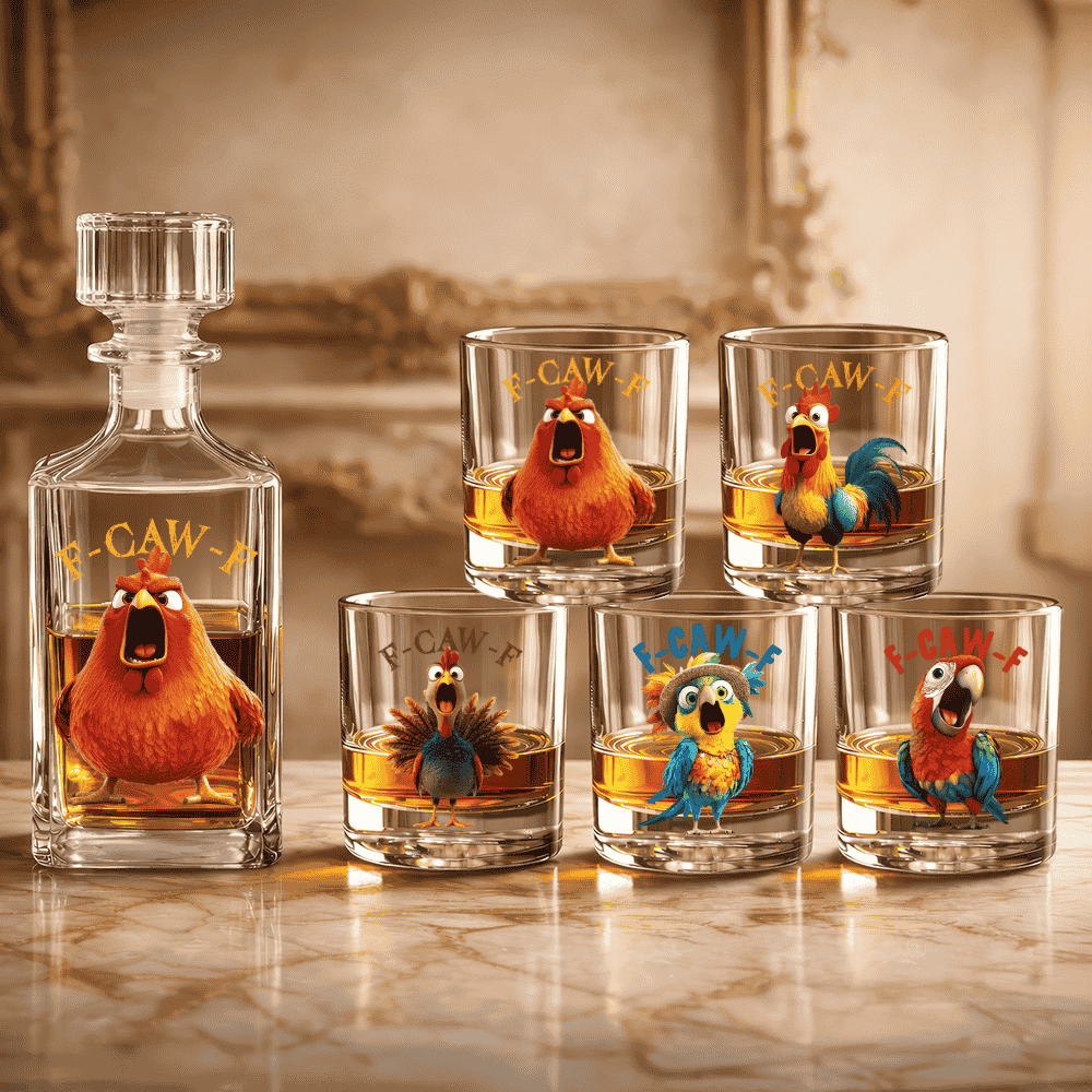 Funny Whiskey Glass - F-Caw-F Crow Joke - Gift For Family Members, Coworkers, Friends - Personalized Combo Whiskey Glass + Decanter