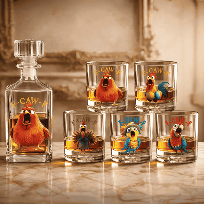 Funny Whiskey Glass - F-Caw-F Crow Joke - Gift For Family Members, Coworkers, Friends - Personalized Combo Whiskey Glass + Decanter