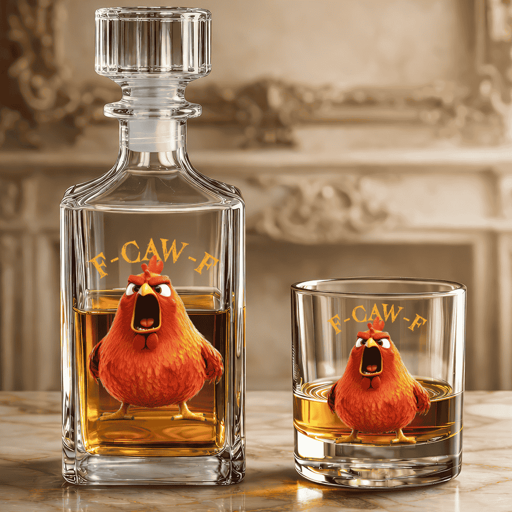 Funny Whiskey Glass - F-Caw-F Crow Joke - Gift For Family Members, Coworkers, Friends - Personalized Combo Whiskey Glass + Decanter