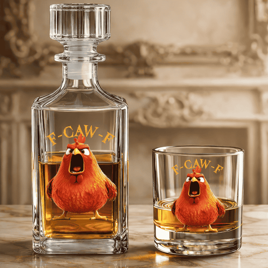 Funny Whiskey Glass - F-Caw-F Crow Joke - Gift For Family Members, Coworkers, Friends - Personalized Combo Whiskey Glass + Decanter