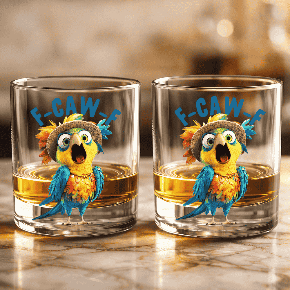 Funny Whiskey Glass - F-Caw-F Crow Joke - Gift For Family Members, Coworkers, Friends - Personalized Combo Whiskey Glass + Decanter