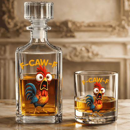 F-Caw-F Crow Joke - Funny Whiskey Glass - Gift For Family Members, Coworkers, Friends - Personalized Combo Whiskey Glass + Decanter