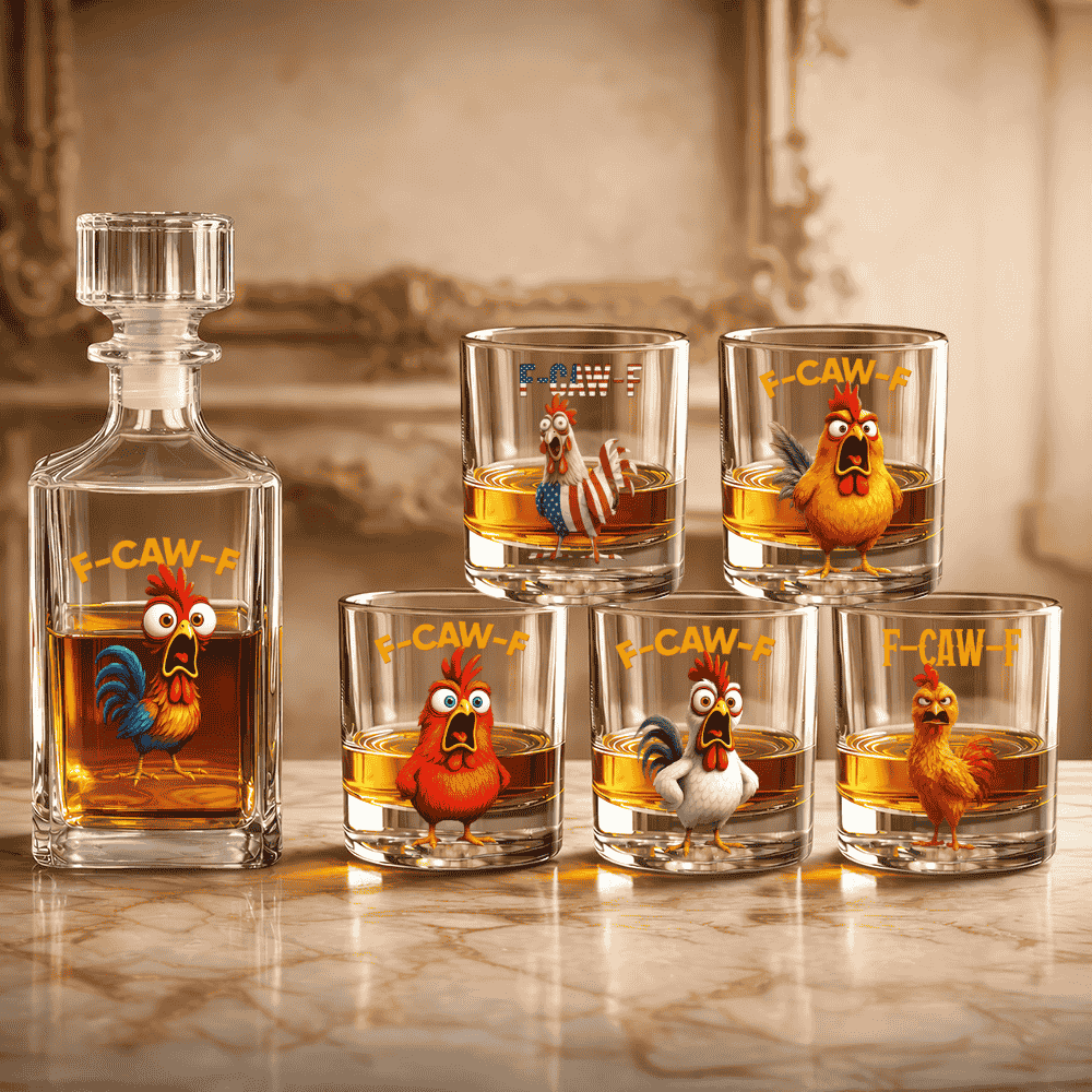 F-Caw-F Crow Joke - Funny Whiskey Glass - Gift For Family Members, Coworkers, Friends - Personalized Combo Whiskey Glass + Decanter
