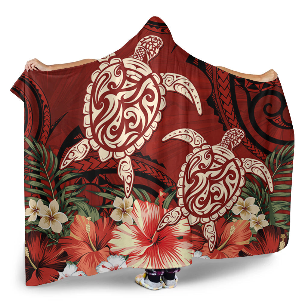 Hawaii Hooded Blanket Polynesia Turtle Drawing Tropical Flower