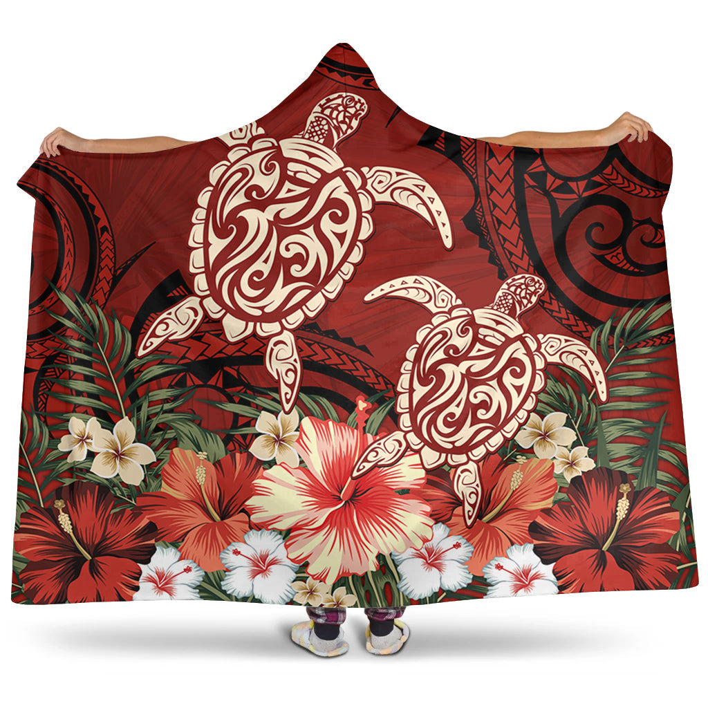 Hawaii Hooded Blanket Polynesia Turtle Drawing Tropical Flower