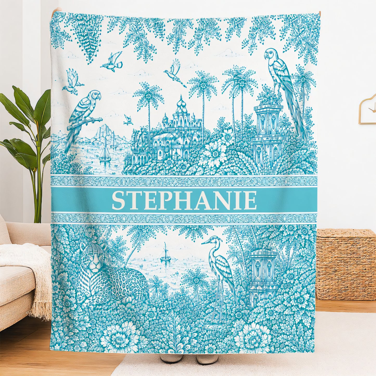 French Riviera Collection & Toile De Jouy Pattern Aquamarina - Personalized Blanket