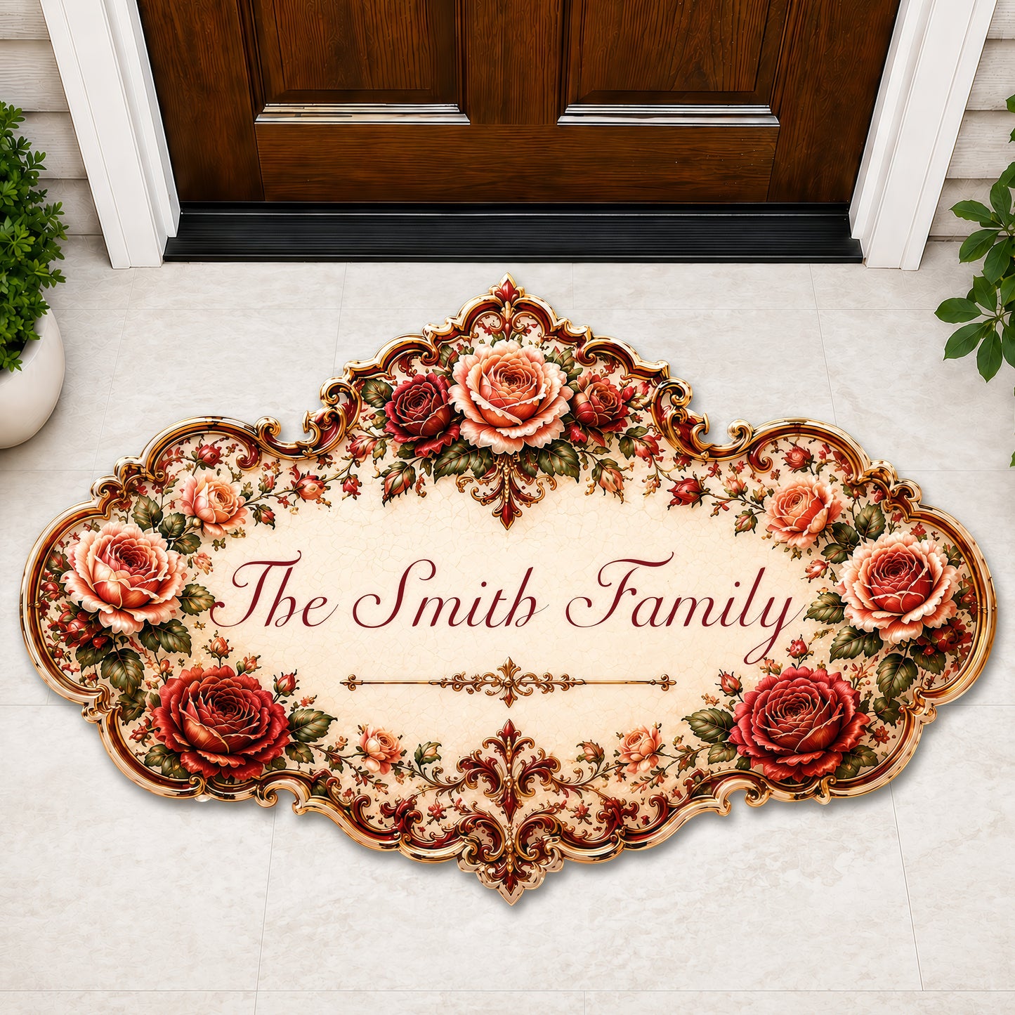 Mediterranean Style & Majolica Print Royal Red Rose - Personalized Custom Shaped Metal Sign