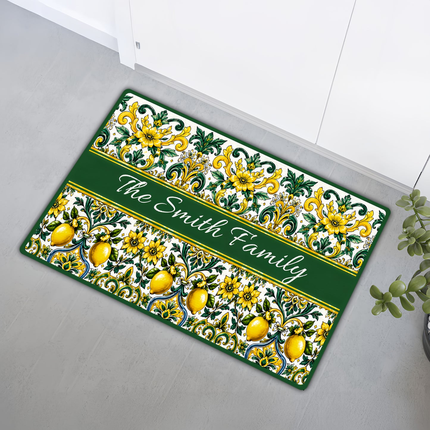 Mediterranean Style & Majolica Print Sun-Kissed Limoncello - Personalized Doormat