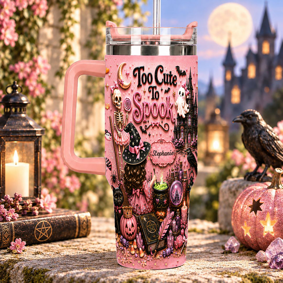 Too Cute To Spook - Personalized Pink Halloween 40oz Tumbler With Straw