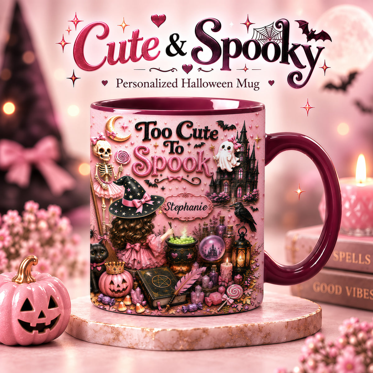 Too Cute To Spook - Personalized Pink Halloween 3D Accent Mug