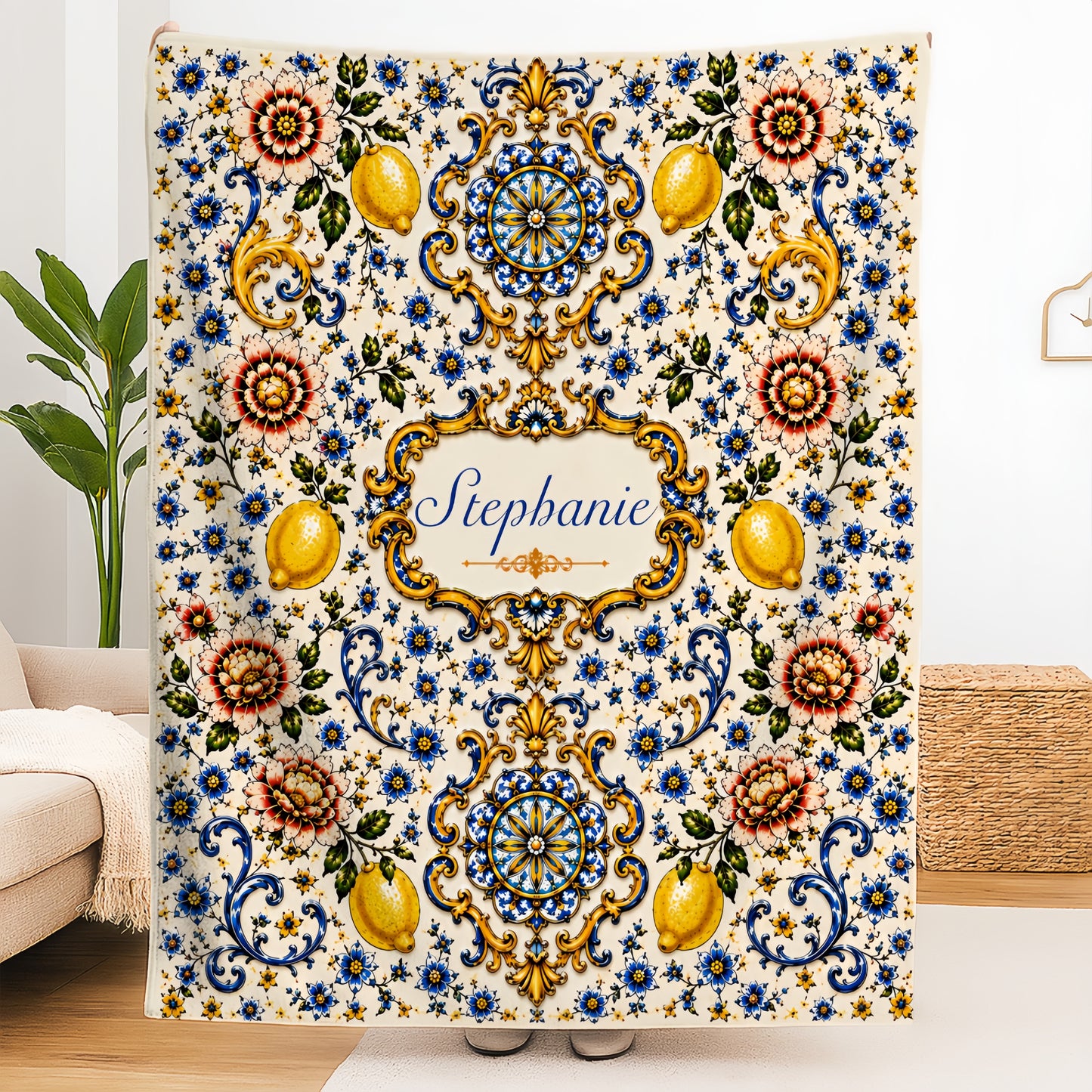 Mediterranean Style & Majolica Print Blue Lemon - Personalized Blanket