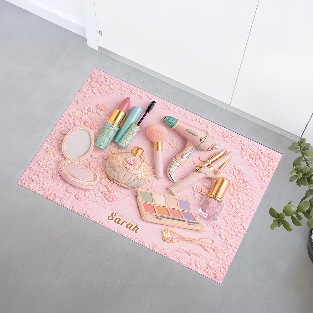 Personalized Makeup Doormat For Makeup Lovers – Custom Name Beauty Room Rug for Bedroom, Bathroom, Vanity Decor - Personalized Doormat