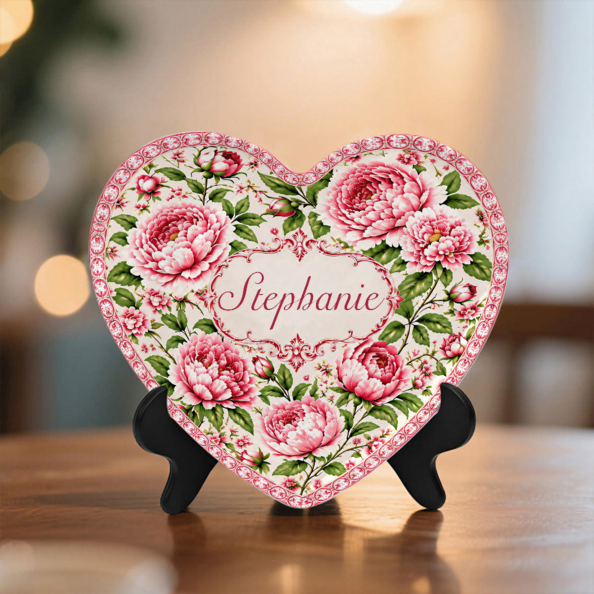 Charming Peony Paradise & Baroque Pattern - Personalized Heart Plate - Gift For Her, Bestie, Family Members