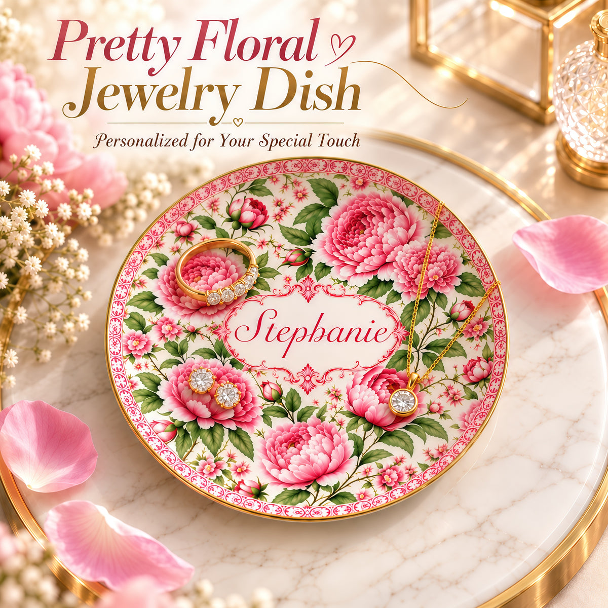 Charming Peony Paradise & Baroque Pattern - Personalized Jewelry Dish - Gift For Her, Bestie, Family Members