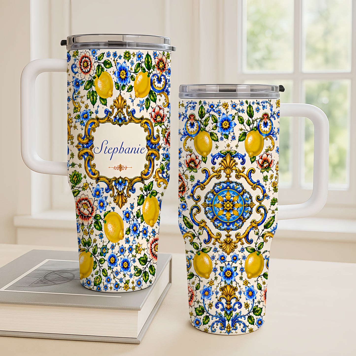 Mediterranean Style & Majolica Print - Personalized 40oz Tumbler With Straw - Travelling Tumbler
