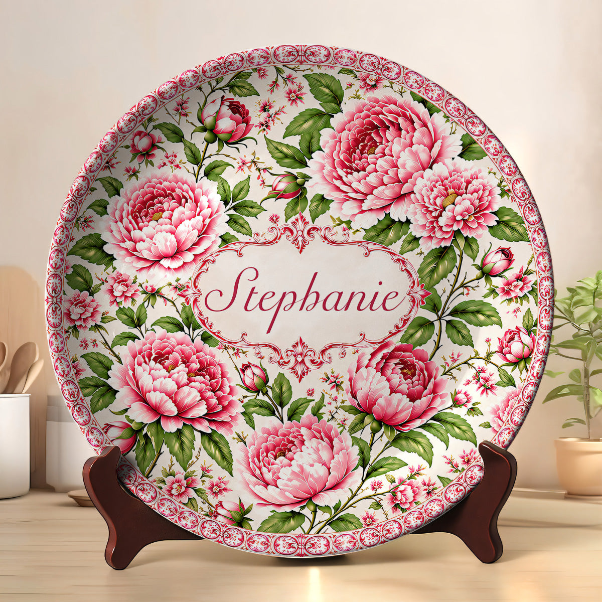 Charming Peony Paradise & Baroque Pattern - Personalized Ceramic Plate - Gift For Her, Bestie, Family Members
