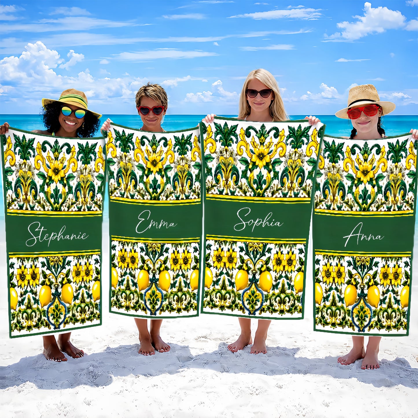 Mediterranean Style & Majolica Print Sun-Kissed Limoncello - Personalized Beach Towel