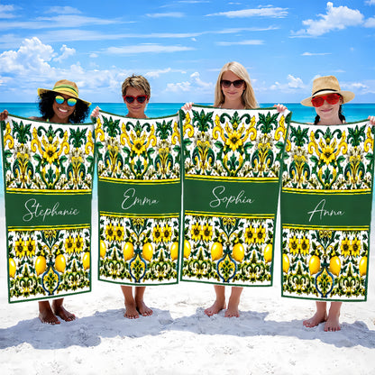 Mediterranean Style & Majolica Print Sun-Kissed Limoncello - Personalized Beach Towel