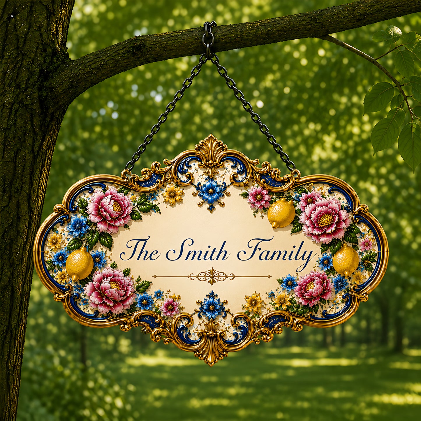 Mediterranean Style & Majolica Print Blue Lemon Royal - Personalized Custom Shaped Metal Sign