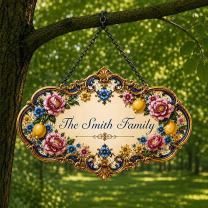 Mediterranean Style & Majolica Print Blue Lemon Royal - Personalized Custom Shaped Metal Sign