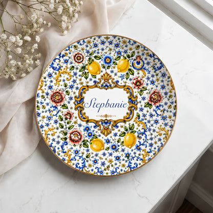 Mediterranean Style & Majolica Print Blue Lemon - Personalized Jewelry Dish (Full Print)