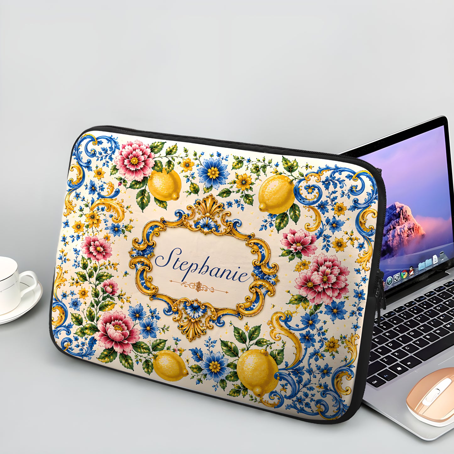 Mediterranean Style & Majolica Print Blue Lemon - Personalized Laptop Bag