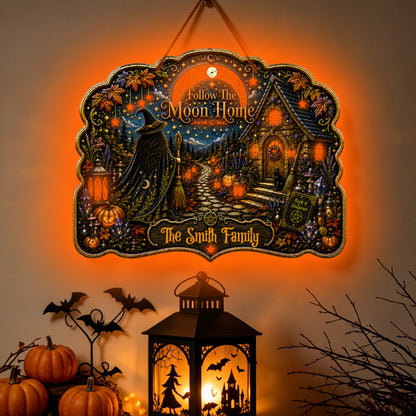 Follow The Moon Home - Personalized Witchcraft Luminous Wooden Sign