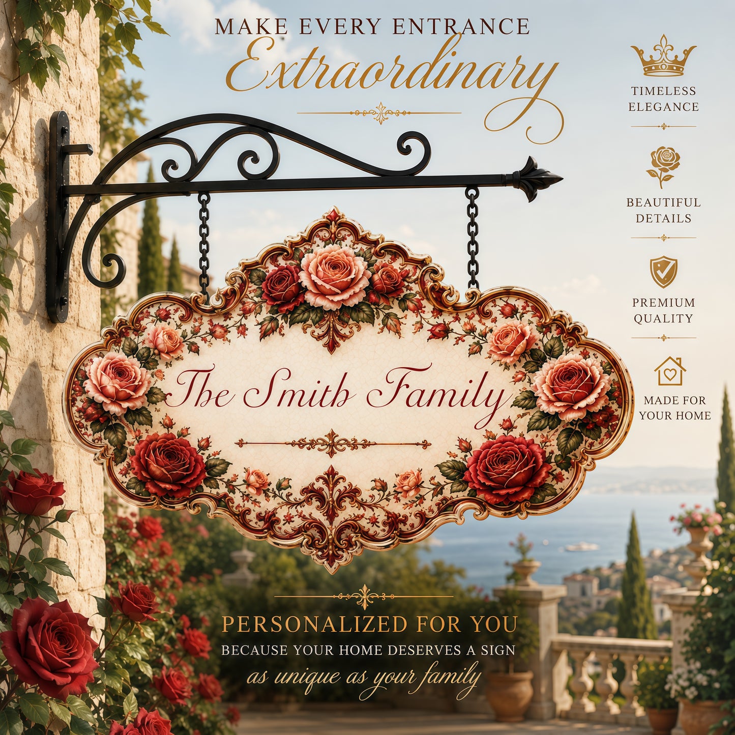Mediterranean Style & Majolica Print Royal Red Rose - Personalized Custom Shaped Metal Sign