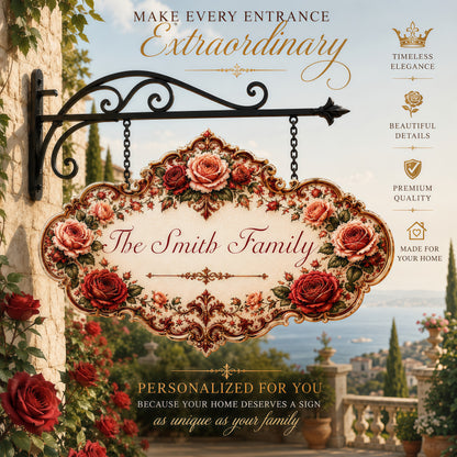 Mediterranean Style & Majolica Print Royal Red Rose - Personalized Custom Shaped Metal Sign