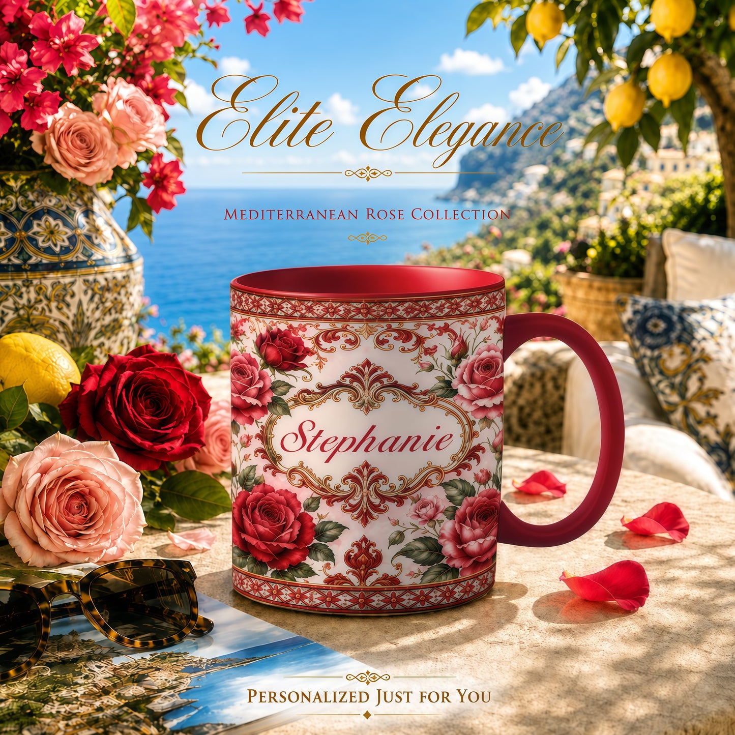 Mediterranean Style & Majolica Print Royal Red Rose - Personalized Accent Mug