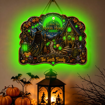 Follow The Moon Home - Personalized Witchcraft Luminous Wooden Sign