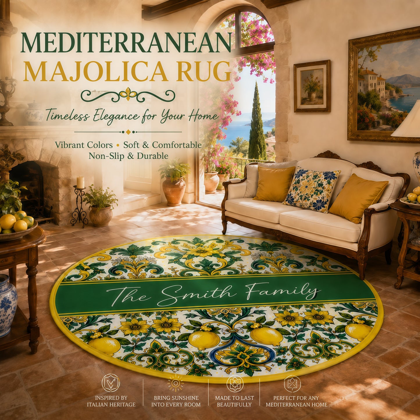 Mediterranean Style & Majolica Print Sun-Kissed Limoncello - Personalized Round Rug