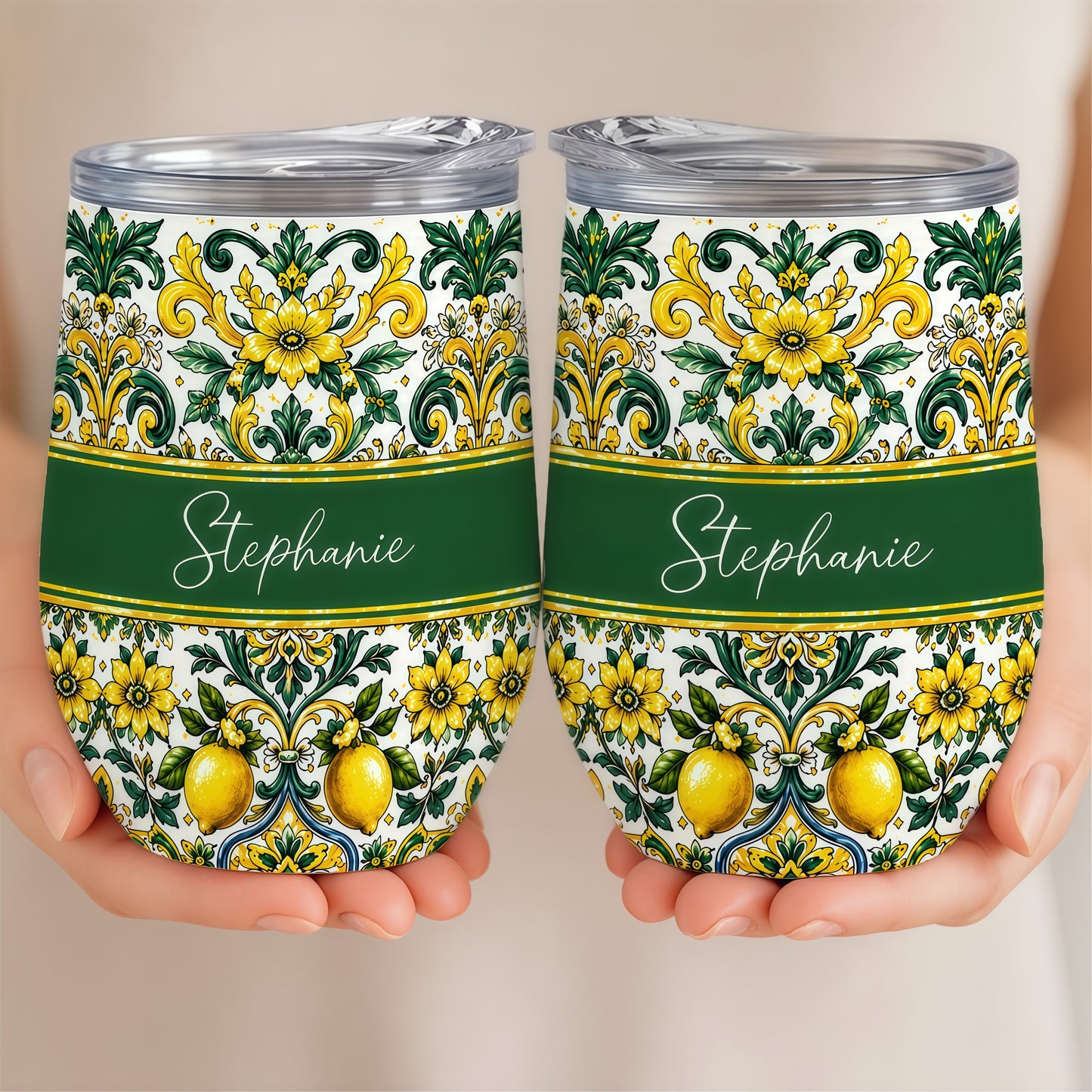 Mediterranean Style & Majolica Print Sun-Kissed Limoncello - Personalized Wine Tumbler