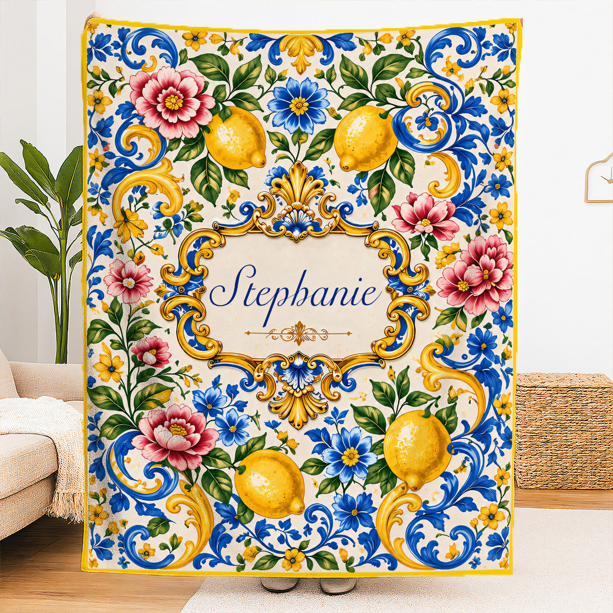 Mediterranean Style & Majolica Print Blue Lemon - Personalized Mediterranean Blanket