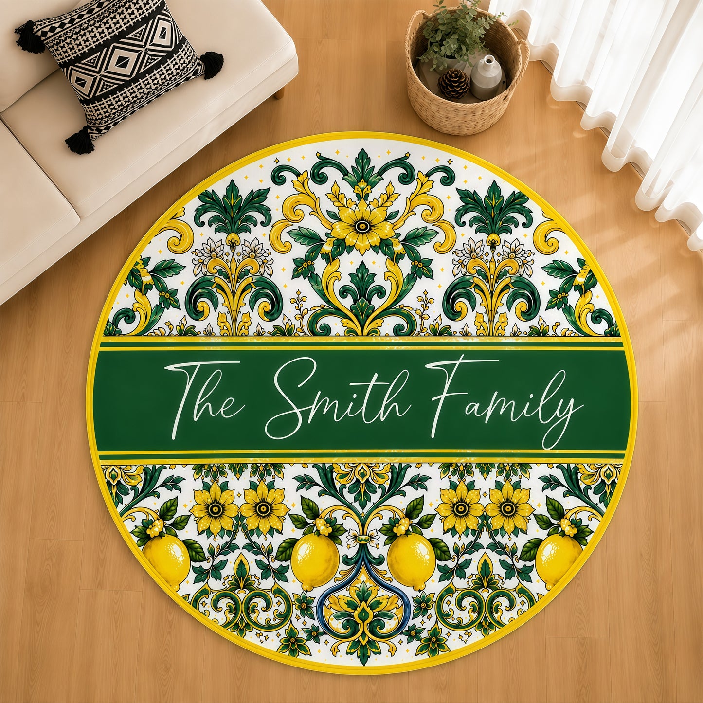 Mediterranean Style & Majolica Print Sun-Kissed Limoncello - Personalized Round Rug