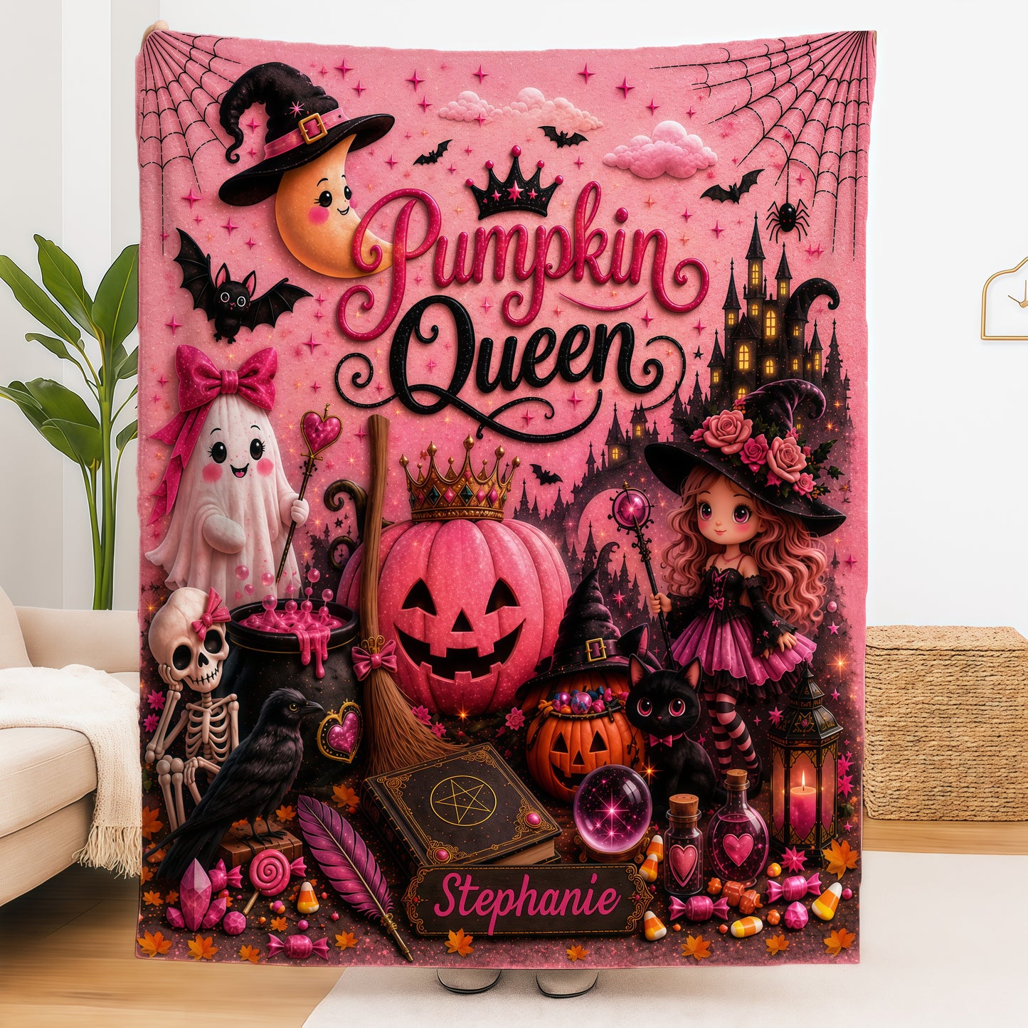 Pumpkin Queen - Personalized Pink Halloween Blanket - Gift For Halloween