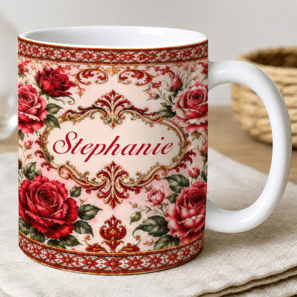 Mediterranean Style & Majolica Print Royal Red Rose - Personalized Accent Mug